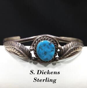 Navajo S. Dickens Cuff Bracelet, Sterling Silver Gemstone, Vintage Jewelry